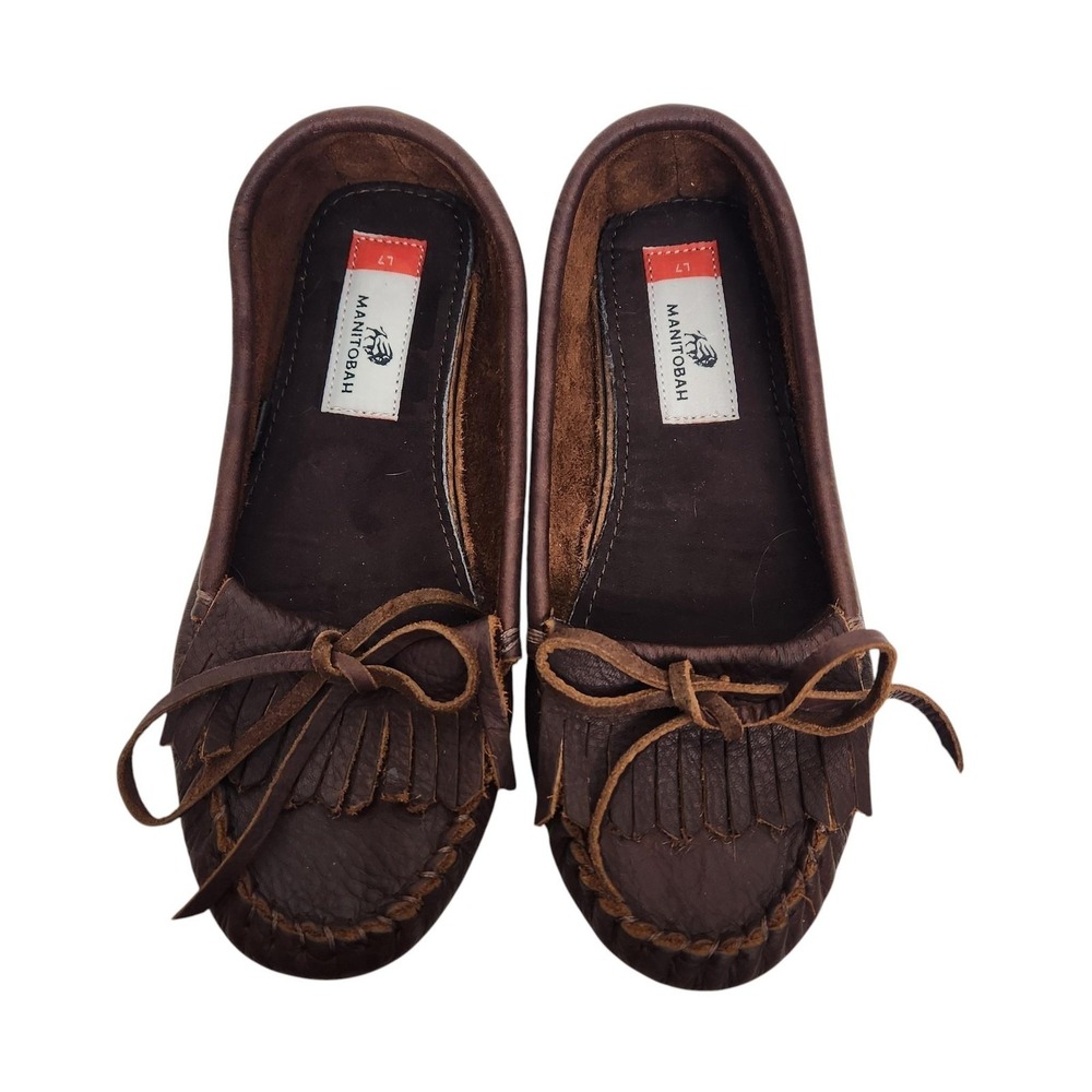 MANITOBAH MUKLUKS Shoes Womens 7 Brown Leather Fringe Moccasin Flats Slip On